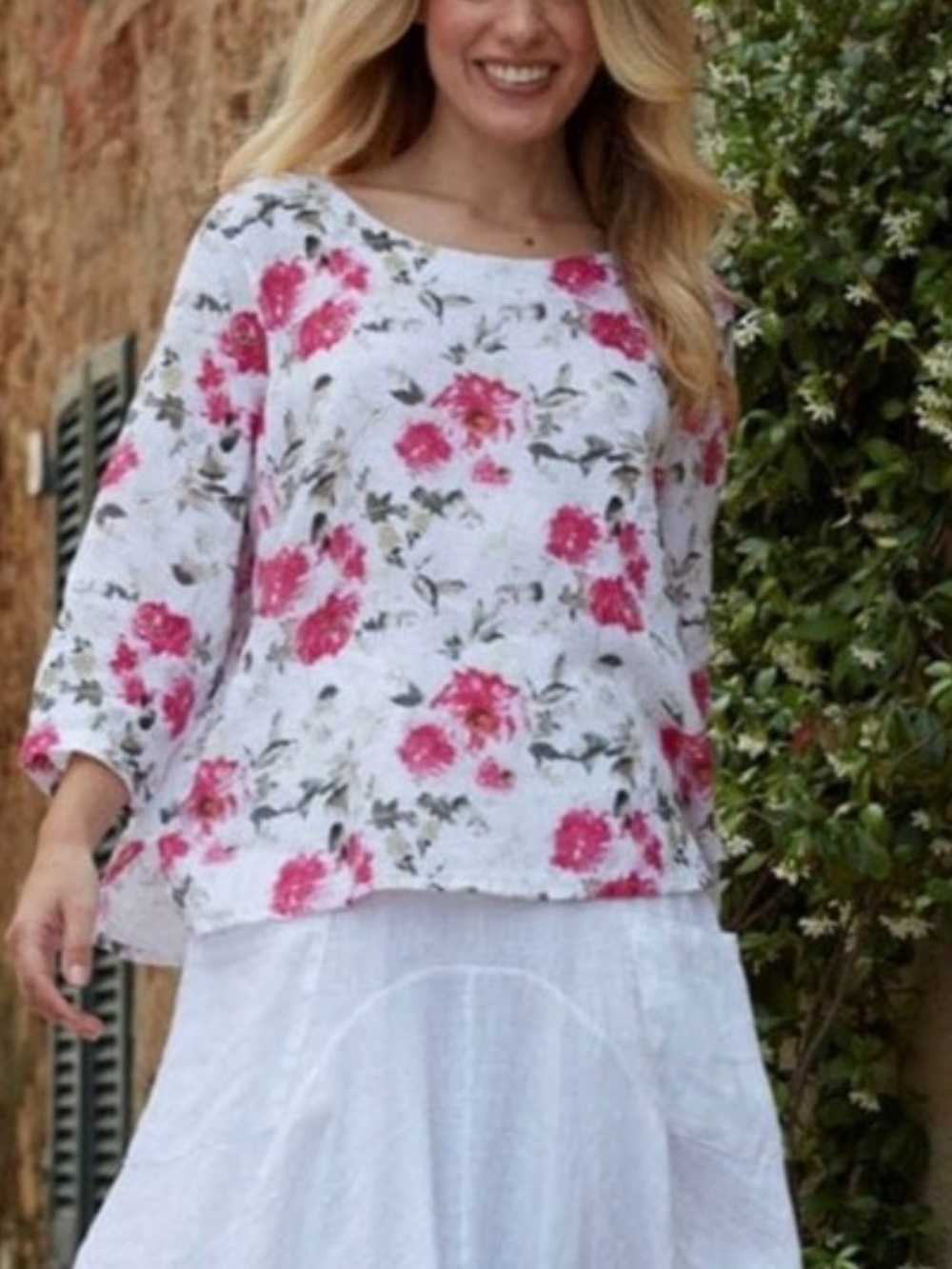 White Floral Linen sleeves  Top Orange Bloom Inizio Hilo Italy lagenlook flax